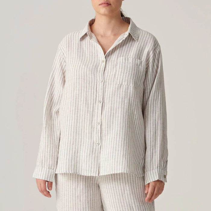 IN BED 100% Linen Shirt in Grey & White Stripe